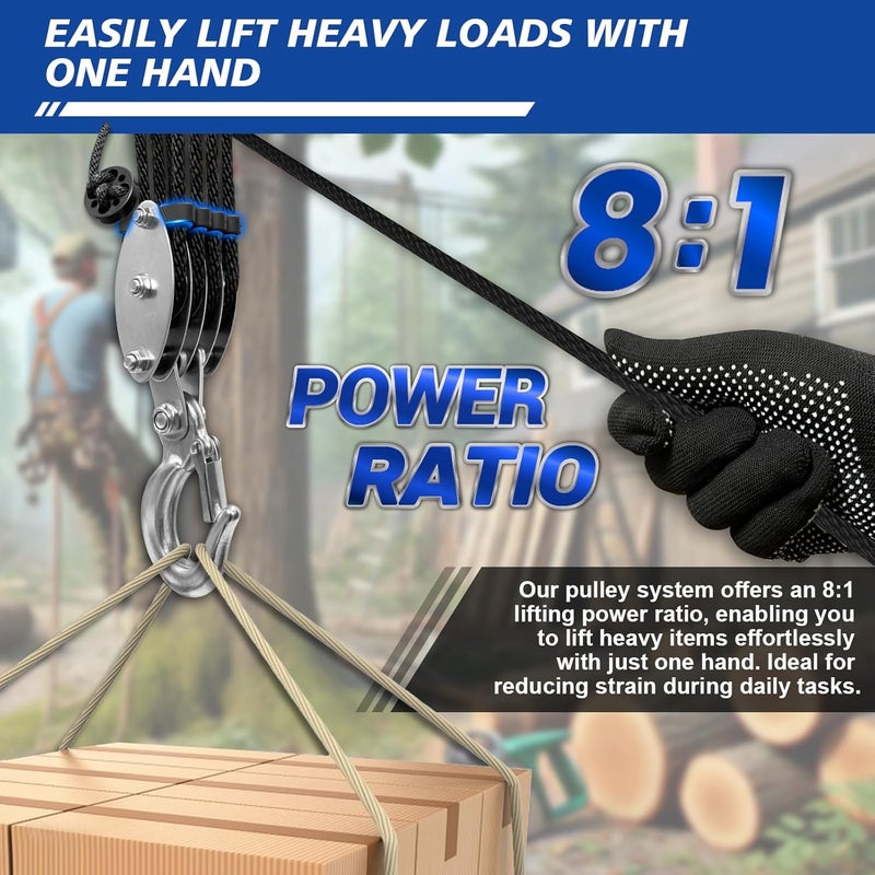 SALIFTFE Block and Tackle Pulley System, Upgraded 4-Wheel Rope Hoist with Dual Guide Wheels & Wide-Opening Hooks, 8:1 Lifting Power, 2200LB Max Load, 65FT x 1/4" Rope for Garage, Hunting, Lifting - Image 3